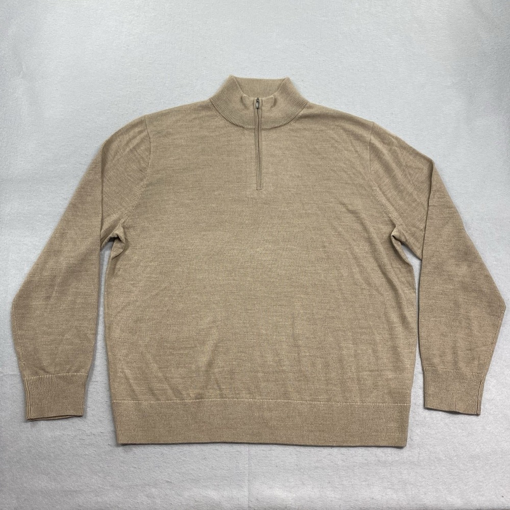 J Crew Sweater Mens XXL Beige 1/4 Zip Pullover Merino Wool Blend Long Sleeve